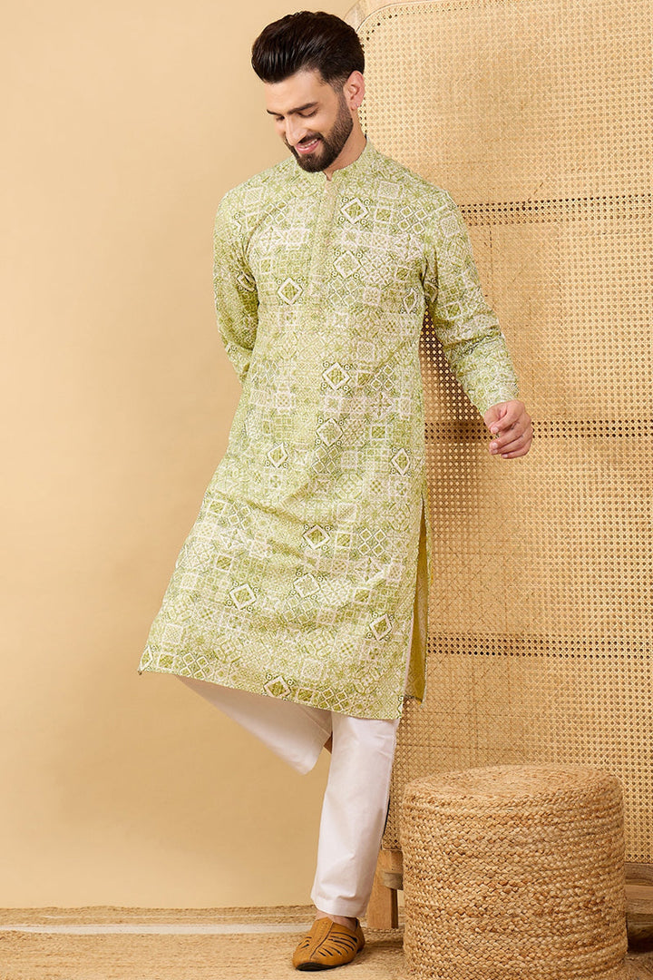 Olive Green Viscose Rayon Geometric Embroidered Straight Chikankari Kurta | SHOBITAM