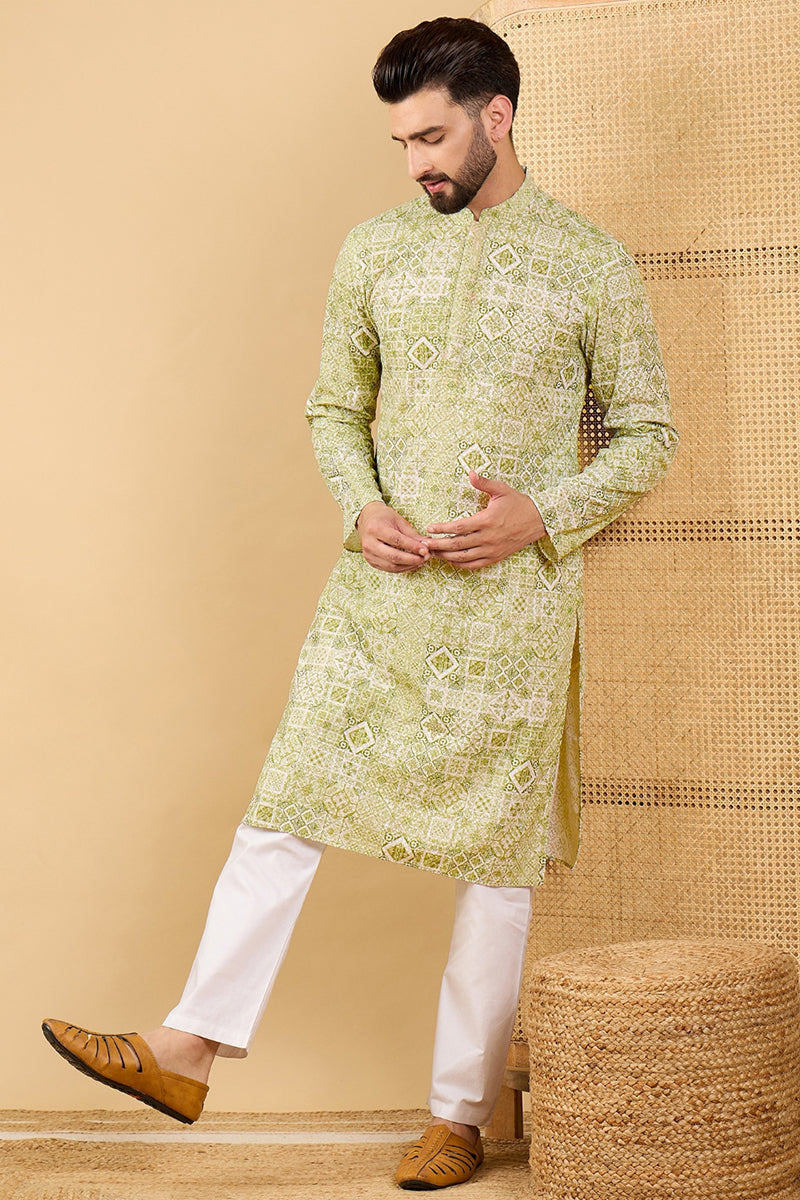 Olive Green Viscose Rayon Geometric Embroidered Straight Chikankari Kurta | SHOBITAM