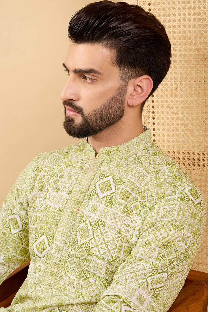 Olive Green Viscose Rayon Geometric Embroidered Straight Chikankari Kurta | SHOBITAM