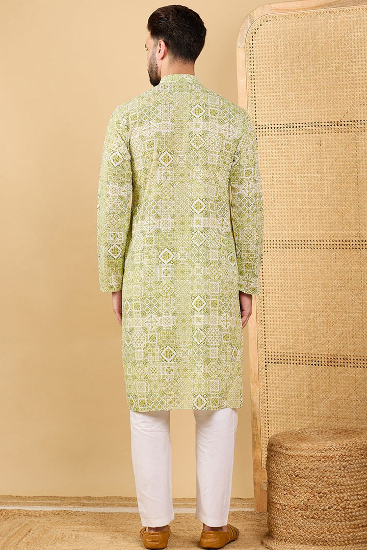 Olive Green Viscose Rayon Geometric Embroidered Straight Chikankari Kurta | SHOBITAM