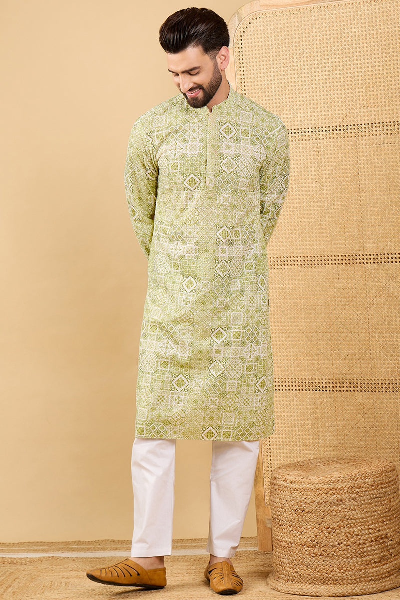 Olive Green Viscose Rayon Geometric Embroidered Straight Chikankari Kurta | SHOBITAM