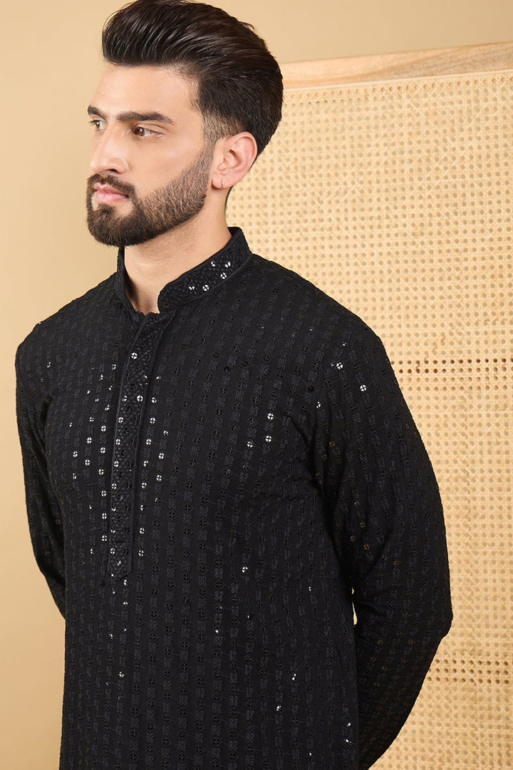 Black Viscose Rayon Solid Embroidered Straight Chikankari Kurta | SHOBITAM