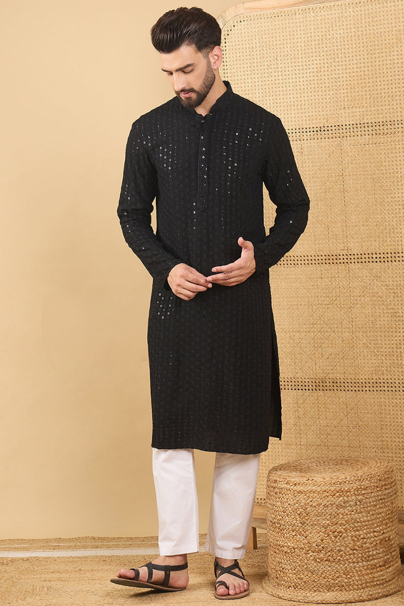 Black Viscose Rayon Solid Embroidered Straight Chikankari Kurta | SHOBITAM