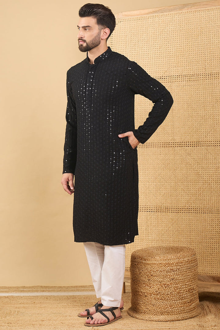 Black Viscose Rayon Solid Embroidered Straight Chikankari Kurta | SHOBITAM
