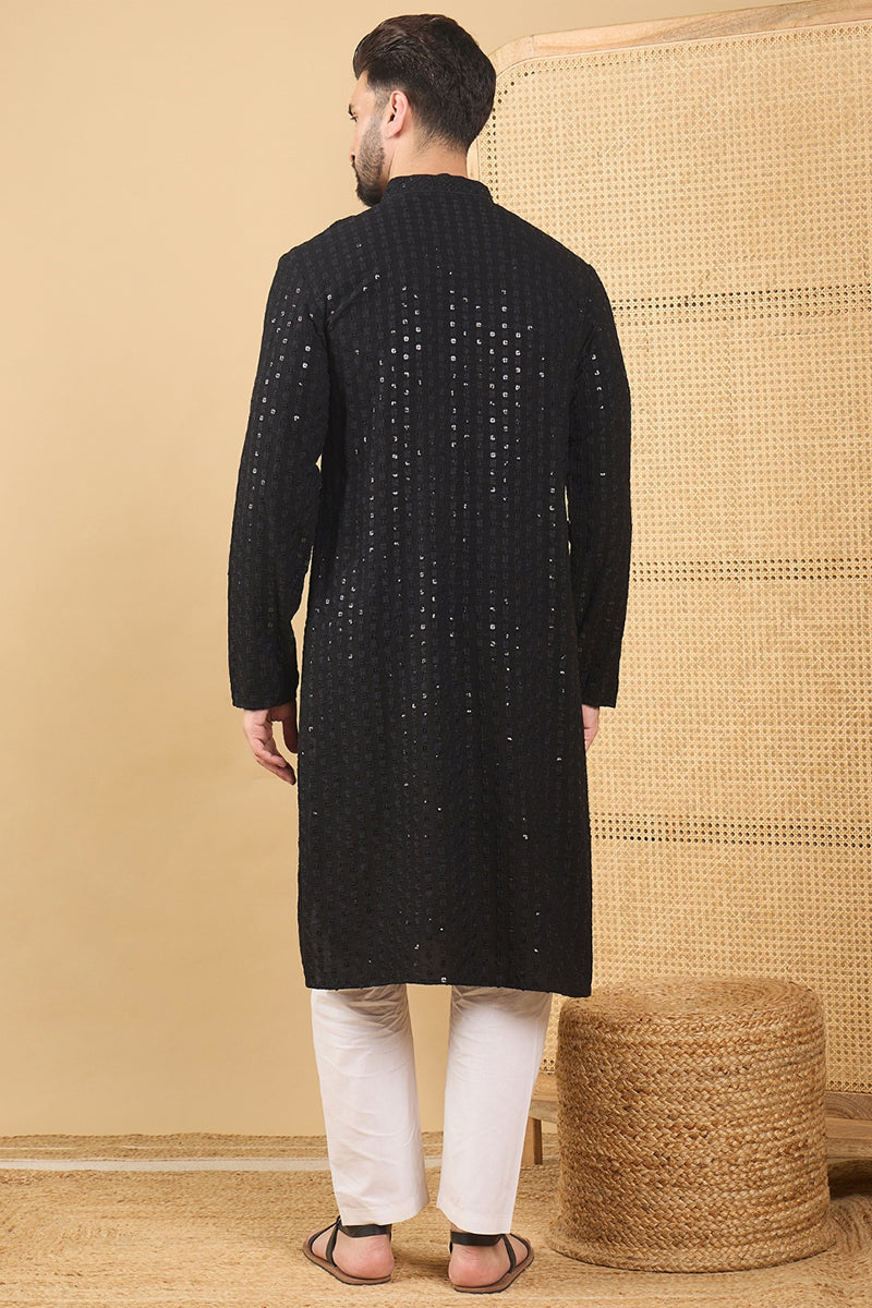 Black Viscose Rayon Solid Embroidered Straight Chikankari Kurta | SHOBITAM
