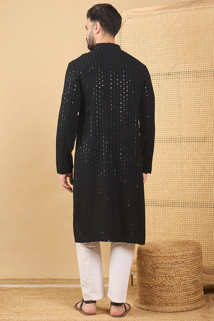 Black Viscose Rayon Solid Embroidered Straight Chikankari Kurta | SHOBITAM