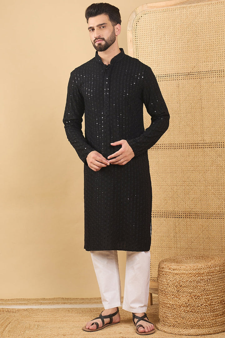 Black Viscose Rayon Solid Embroidered Straight Chikankari Kurta | SHOBITAM