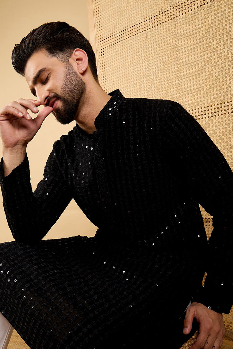 Black Viscose Rayon Solid Embroidered Straight Chikankari Kurta | SHOBITAM