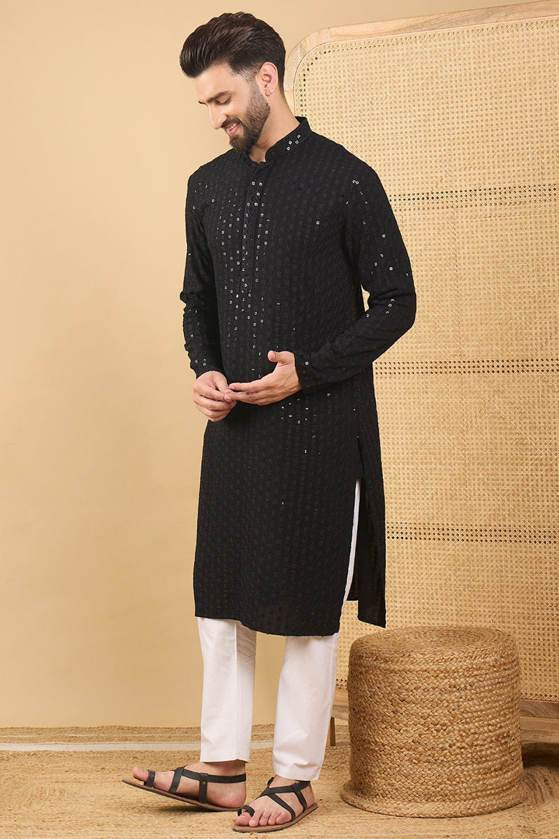 Black Viscose Rayon Solid Embroidered Straight Chikankari Kurta | SHOBITAM
