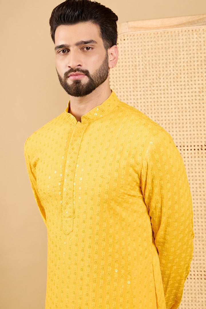 Yellow Viscose Rayon Solid Embroidered Straight Chikankari Kurta | SHOBITAM
