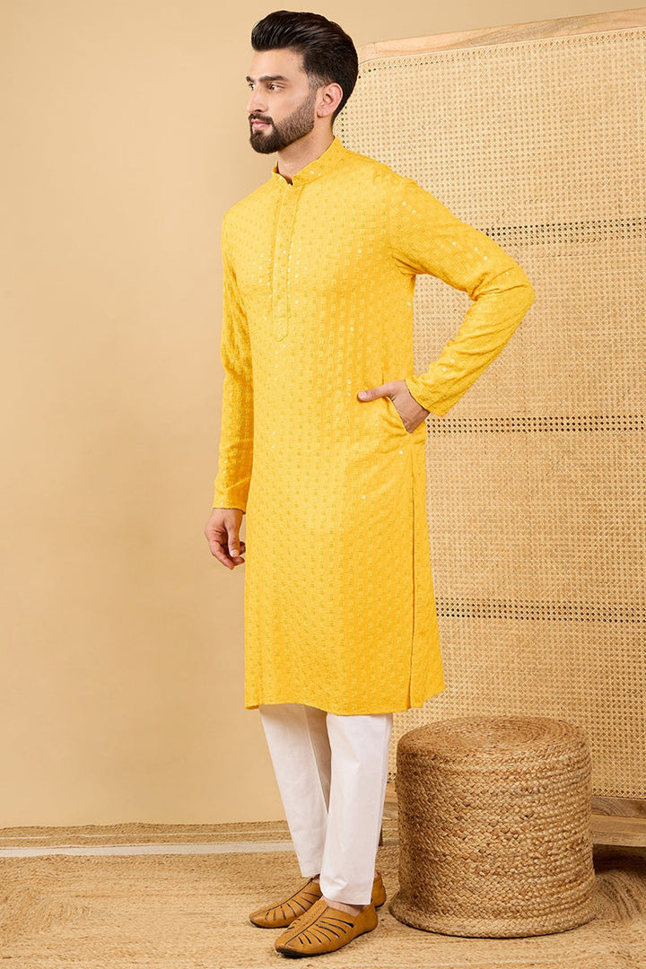 Yellow Viscose Rayon Solid Embroidered Straight Chikankari Kurta | SHOBITAM