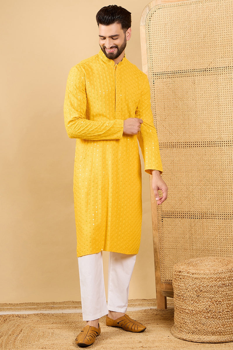 Yellow Viscose Rayon Solid Embroidered Straight Chikankari Kurta | SHOBITAM