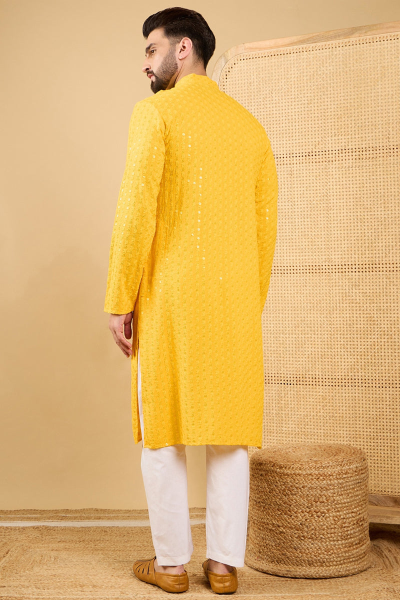 Yellow Viscose Rayon Solid Embroidered Straight Chikankari Kurta | SHOBITAM