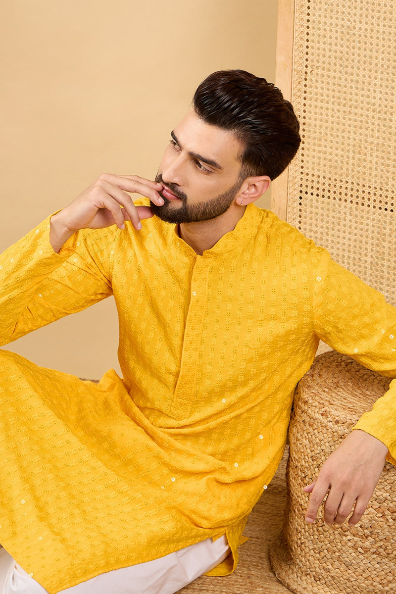 Yellow Viscose Rayon Solid Embroidered Straight Chikankari Kurta | SHOBITAM