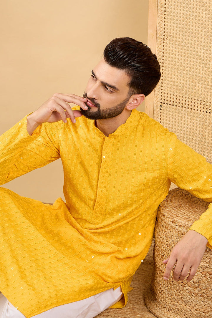 Yellow Viscose Rayon Solid Embroidered Straight Chikankari Kurta | SHOBITAM