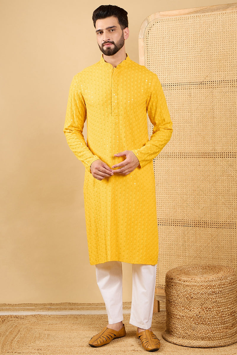 Yellow Viscose Rayon Solid Embroidered Straight Chikankari Kurta | SHOBITAM