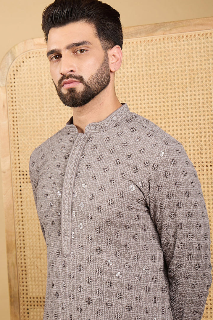 Grey Viscose Rayon Solid Embroidered Straight Chikankari Kurta | SHOBITAM