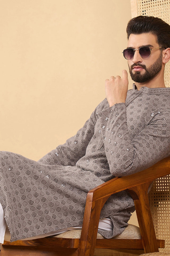 Grey Viscose Rayon Solid Embroidered Straight Chikankari Kurta | SHOBITAM