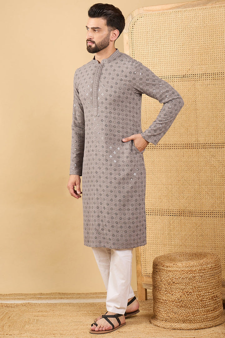 Grey Viscose Rayon Solid Embroidered Straight Chikankari Kurta | SHOBITAM