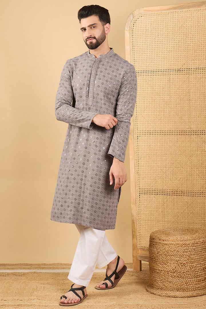 Grey Viscose Rayon Solid Embroidered Straight Chikankari Kurta | SHOBITAM