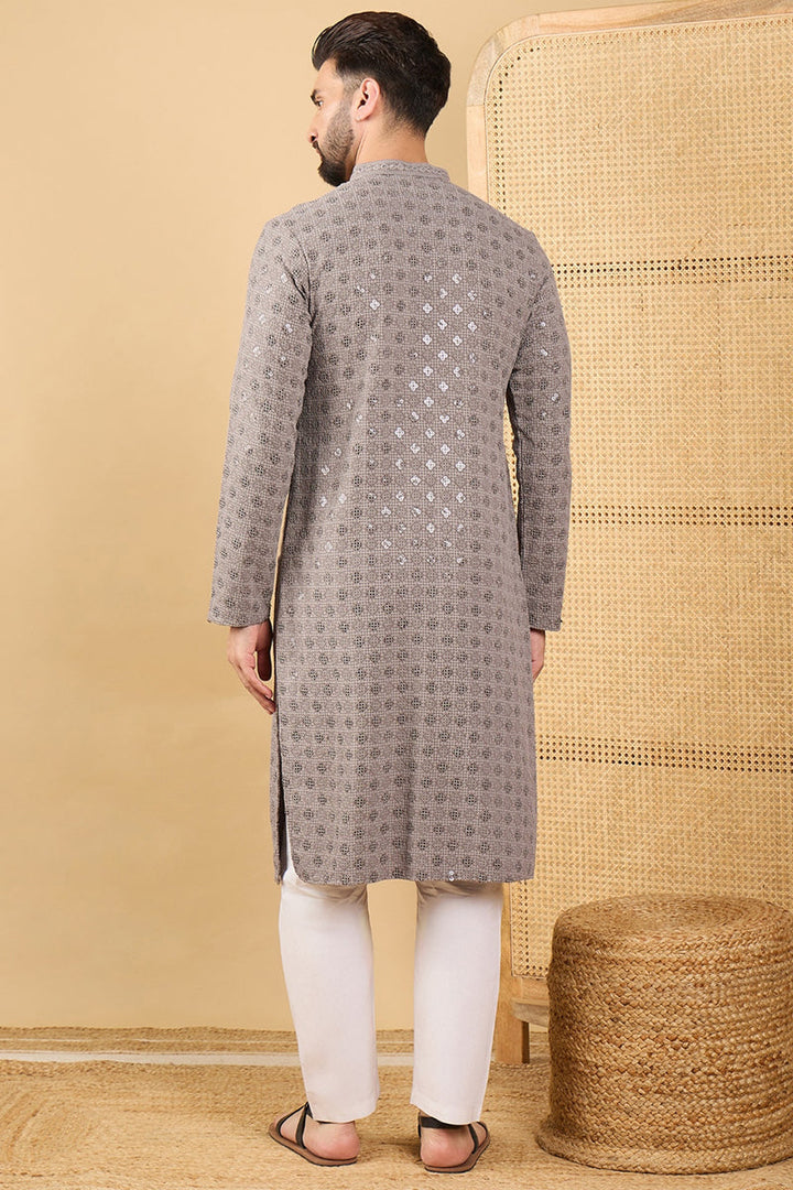Grey Viscose Rayon Solid Embroidered Straight Chikankari Kurta | SHOBITAM