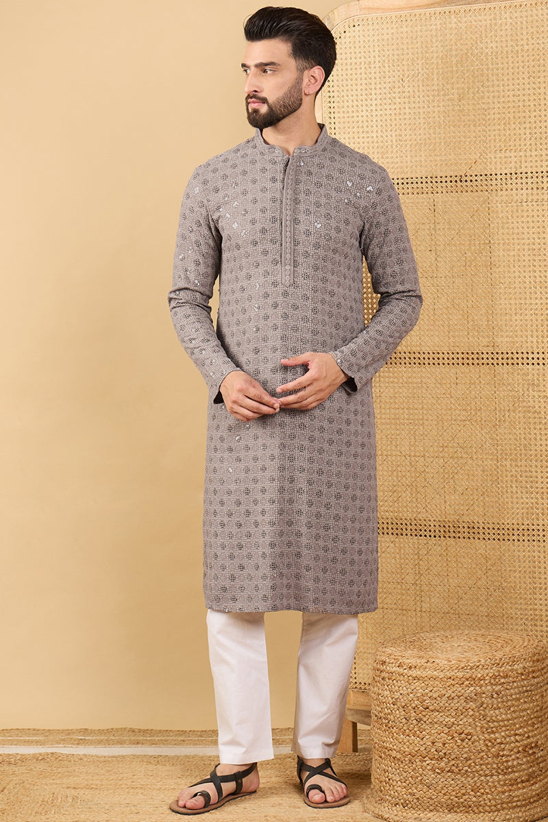 Grey Viscose Rayon Solid Embroidered Straight Chikankari Kurta | SHOBITAM