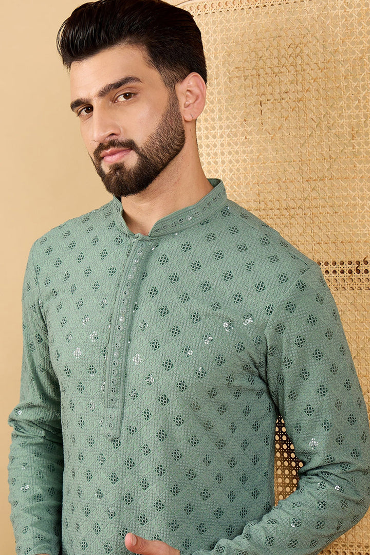 Green Viscose Rayon Solid Embroidered Straight Chikankari Kurta | SHOBITAM