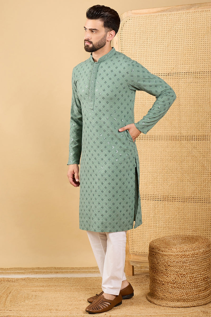 Green Viscose Rayon Solid Embroidered Straight Chikankari Kurta | SHOBITAM