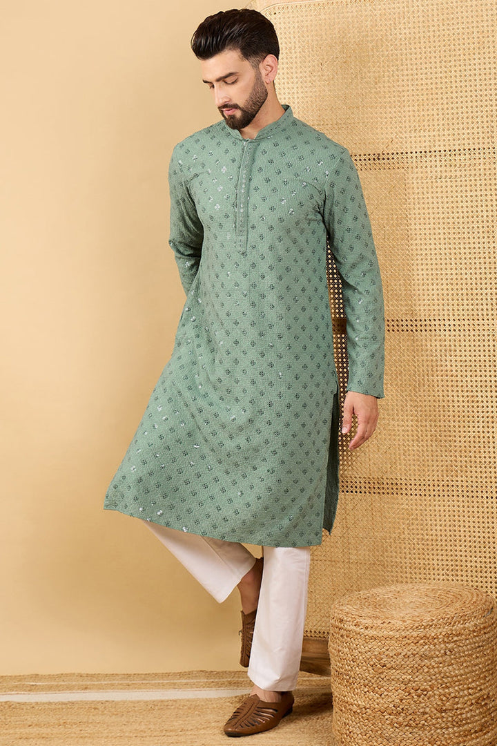 Green Viscose Rayon Solid Embroidered Straight Chikankari Kurta | SHOBITAM