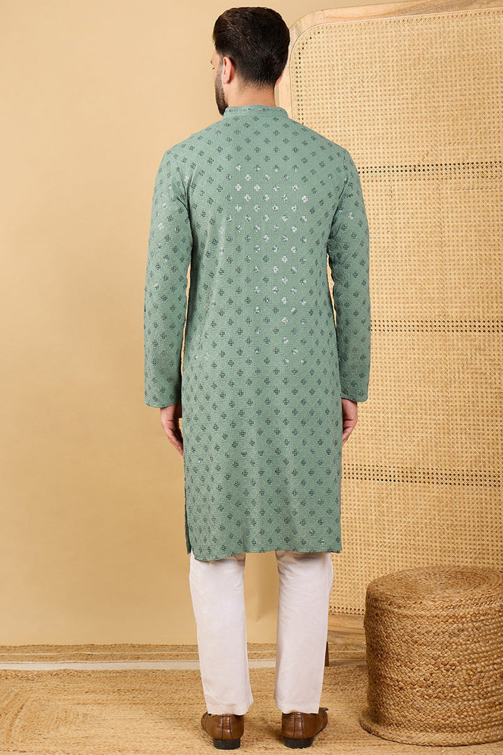 Green Viscose Rayon Solid Embroidered Straight Chikankari Kurta | SHOBITAM