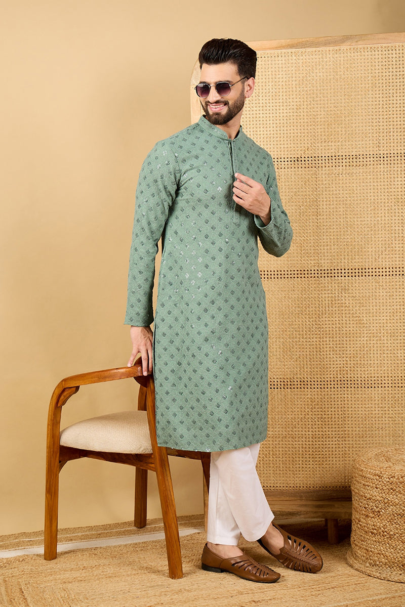 Green Viscose Rayon Solid Embroidered Straight Chikankari Kurta | SHOBITAM