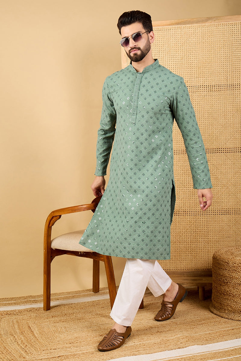 Green Viscose Rayon Solid Embroidered Straight Chikankari Kurta | SHOBITAM