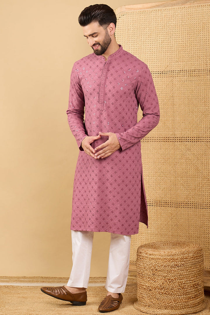 Mauve Viscose Rayon Solid Embroidered Straight Chikankari Kurta | SHOBITAM