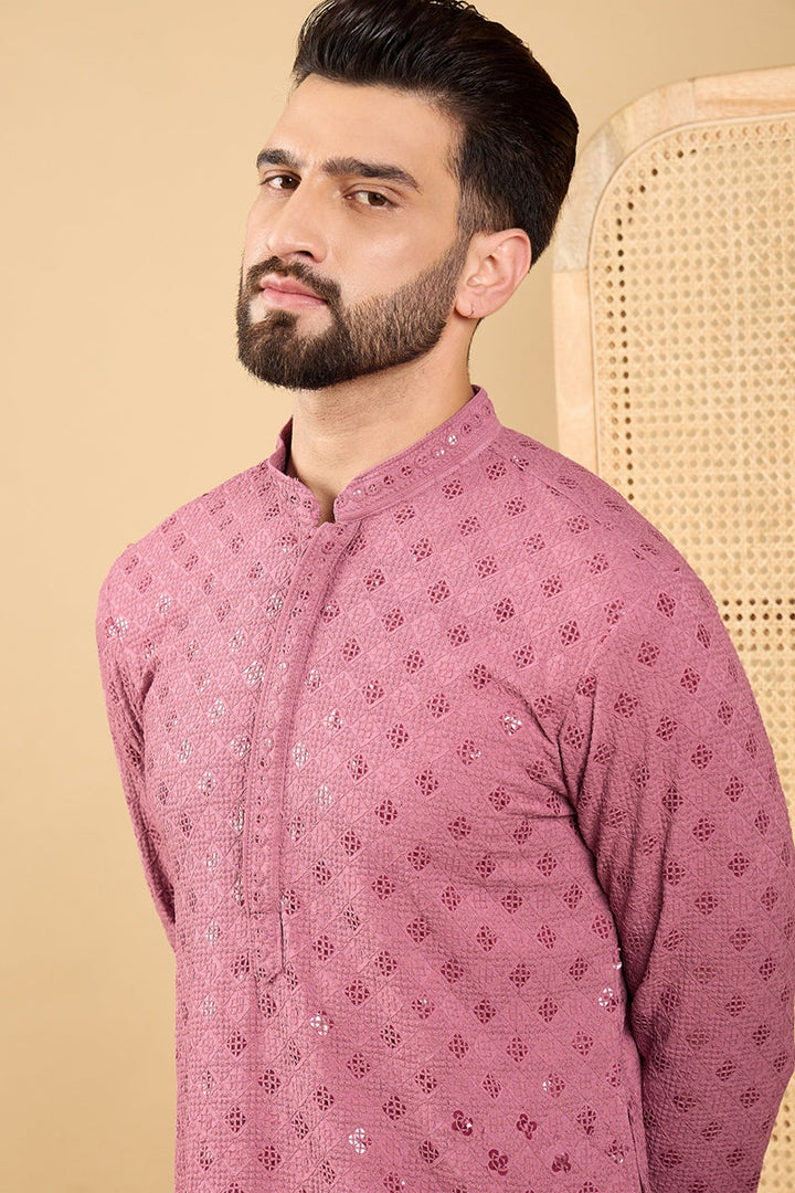 Mauve Viscose Rayon Solid Embroidered Straight Chikankari Kurta | SHOBITAM