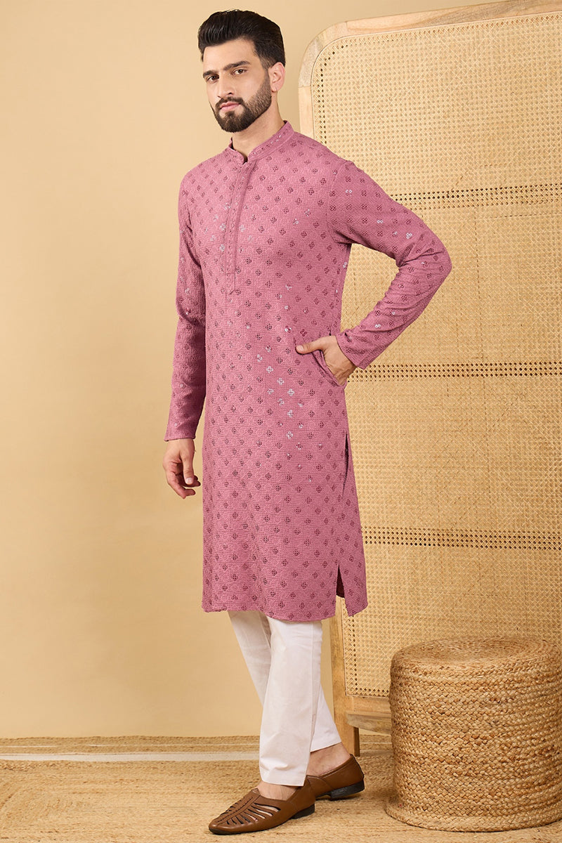 Mauve Viscose Rayon Solid Embroidered Straight Chikankari Kurta | SHOBITAM