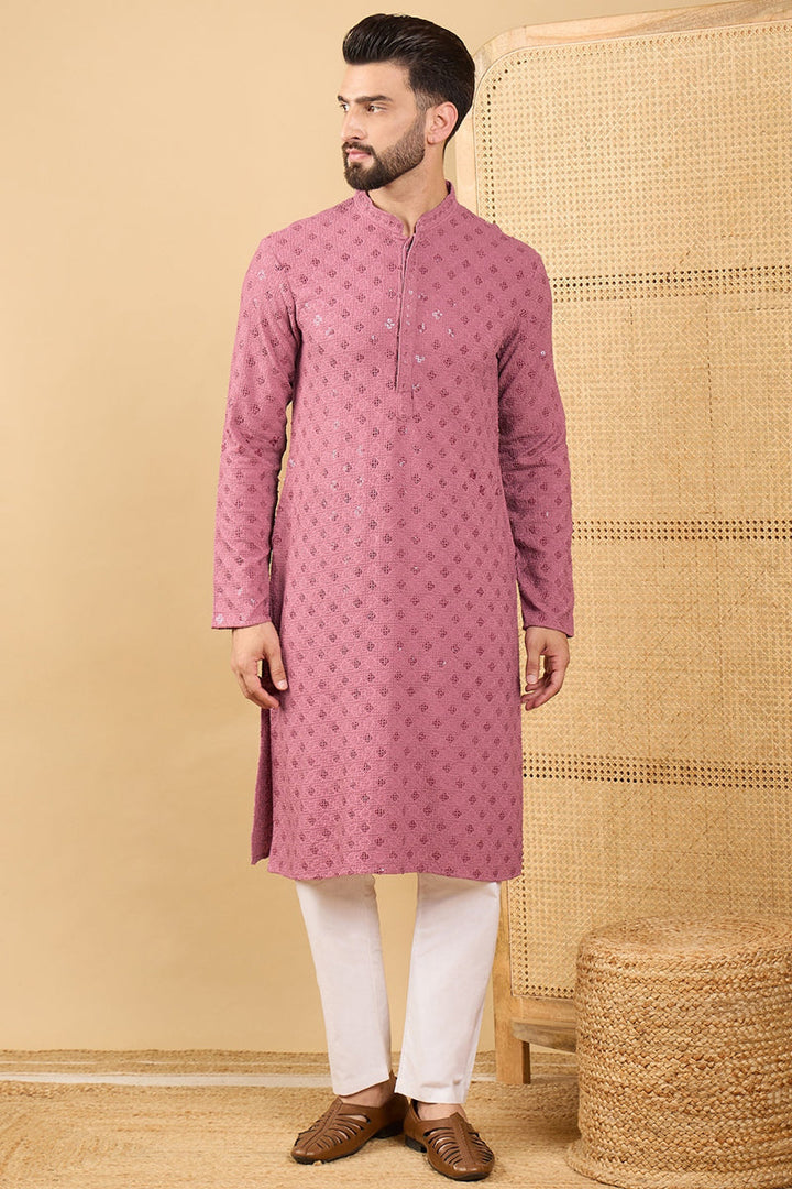 Mauve Viscose Rayon Solid Embroidered Straight Chikankari Kurta | SHOBITAM