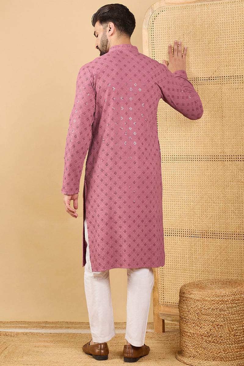Mauve Viscose Rayon Solid Embroidered Straight Chikankari Kurta | SHOBITAM