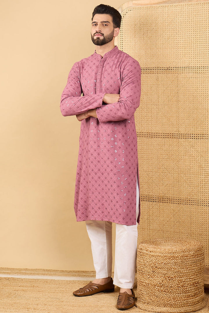 Mauve Viscose Rayon Solid Embroidered Straight Chikankari Kurta | SHOBITAM