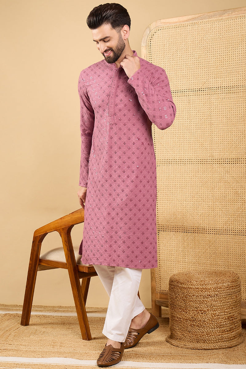 Mauve Viscose Rayon Solid Embroidered Straight Chikankari Kurta | SHOBITAM