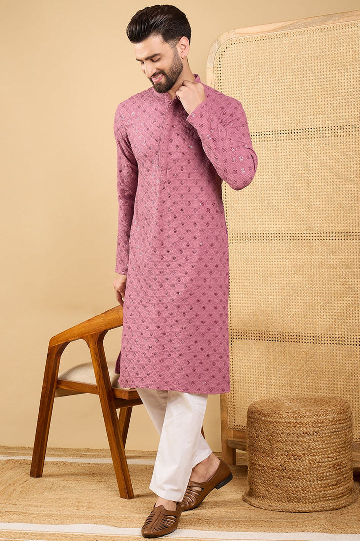 Mauve Viscose Rayon Solid Embroidered Straight Chikankari Kurta | SHOBITAM