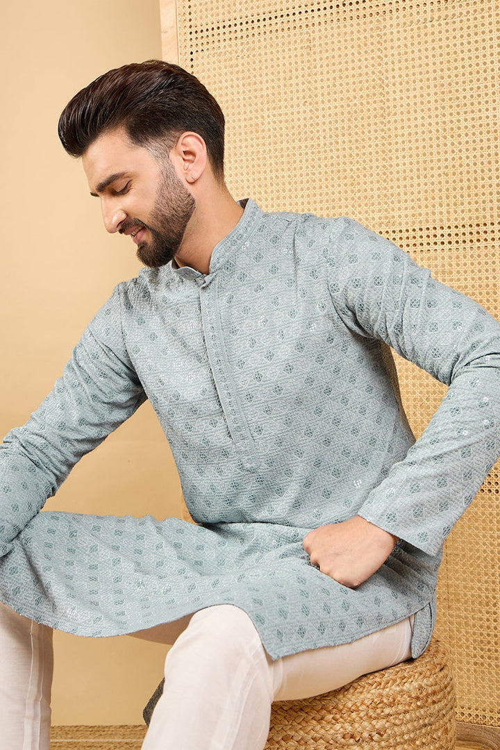 Grey Viscose Rayon Solid Embroidered Straight Chikankari Kurta | SHOBITAM
