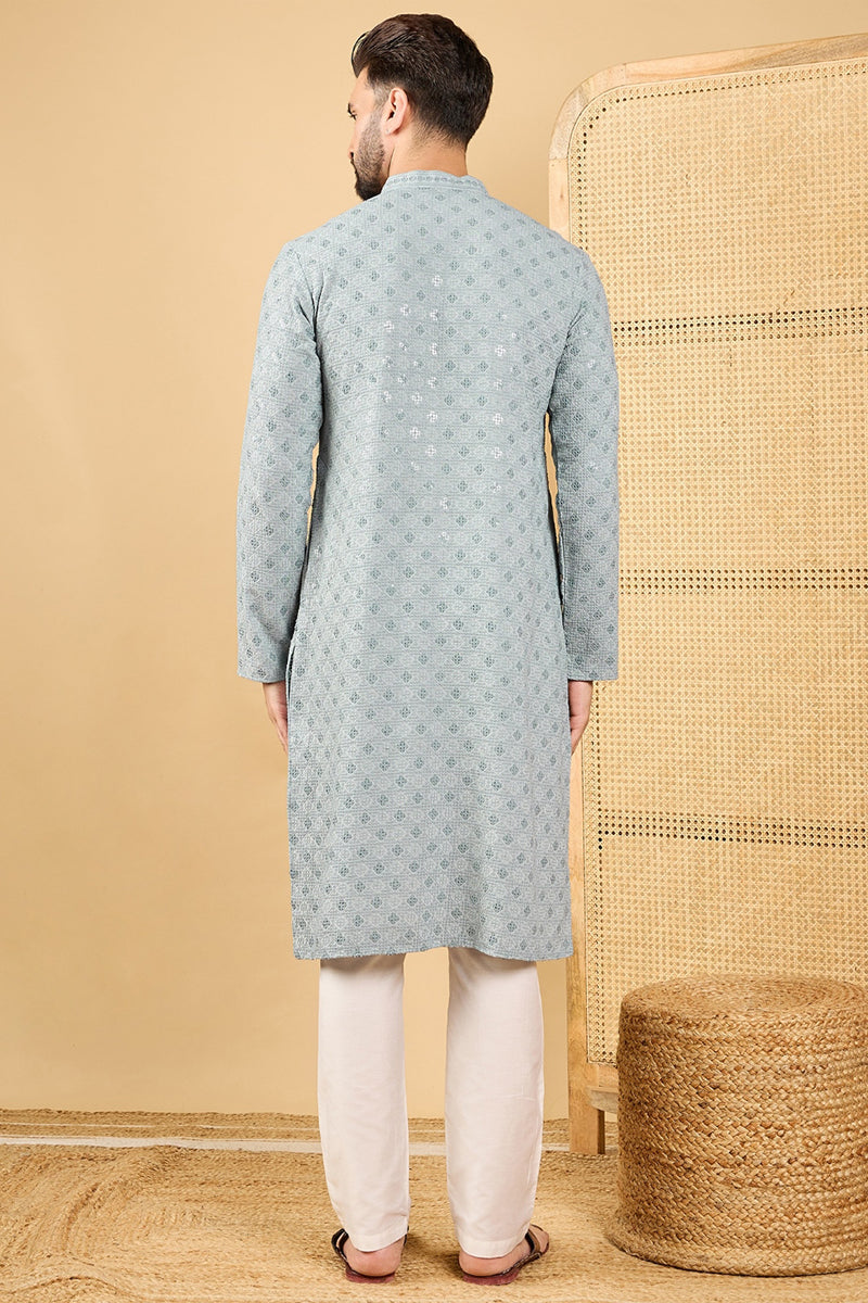Grey Viscose Rayon Solid Embroidered Straight Chikankari Kurta | SHOBITAM