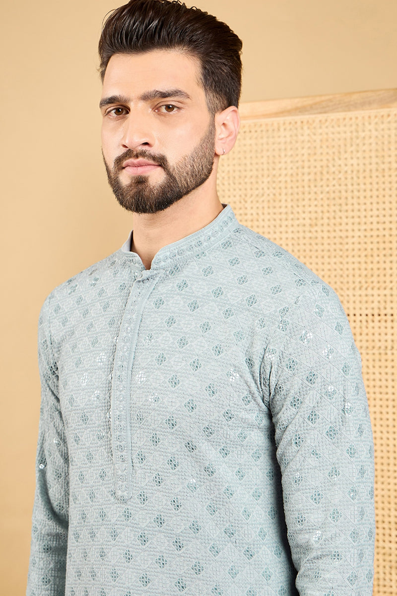 Grey Viscose Rayon Solid Embroidered Straight Chikankari Kurta | SHOBITAM