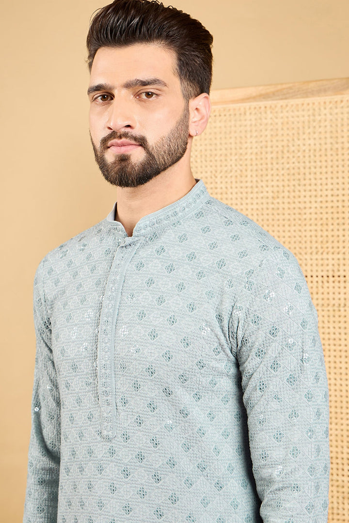 Grey Viscose Rayon Solid Embroidered Straight Chikankari Kurta | SHOBITAM