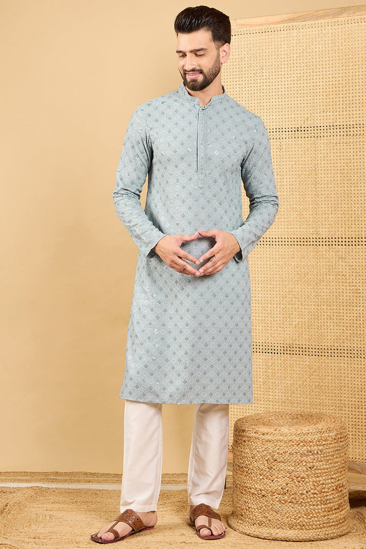 Grey Viscose Rayon Solid Embroidered Straight Chikankari Kurta | SHOBITAM