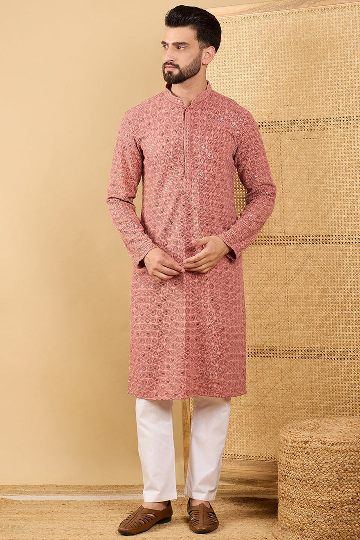Rust Red Viscose Rayon Solid Embroidered Straight Chikankari Kurta | SHOBITAM