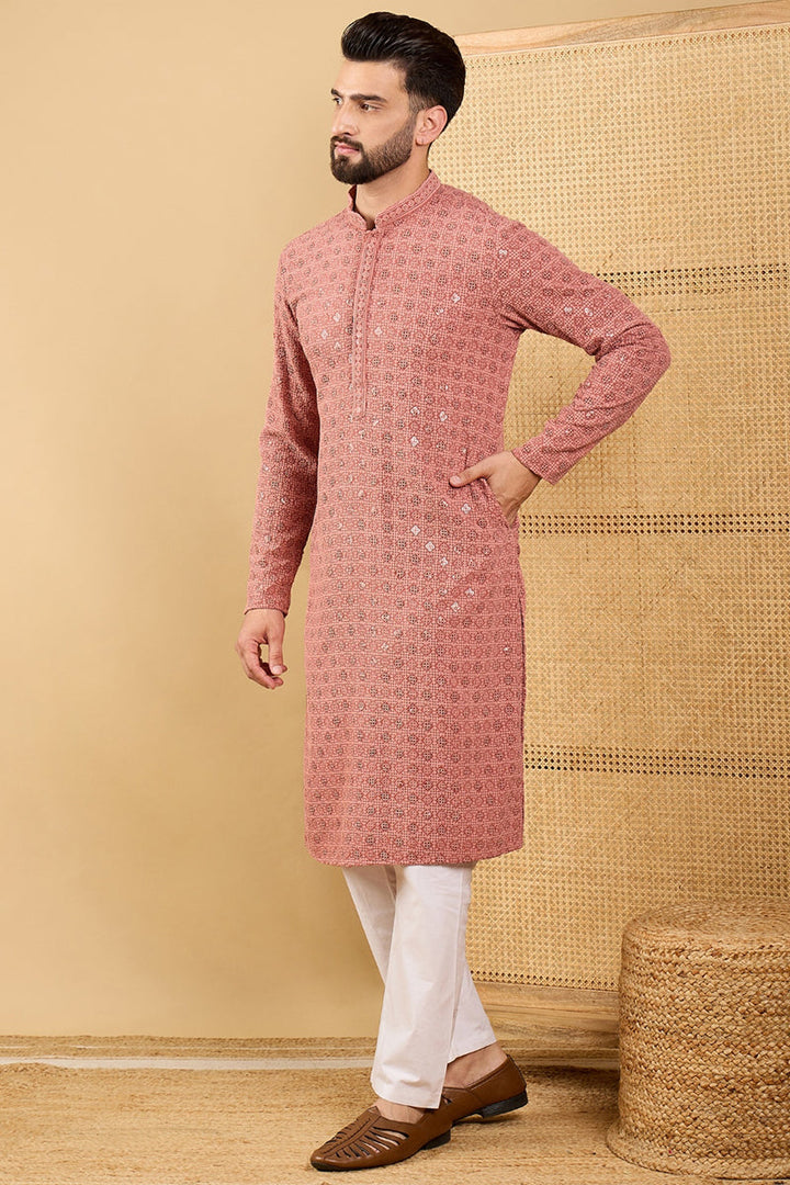 Rust Red Viscose Rayon Solid Embroidered Straight Chikankari Kurta | SHOBITAM