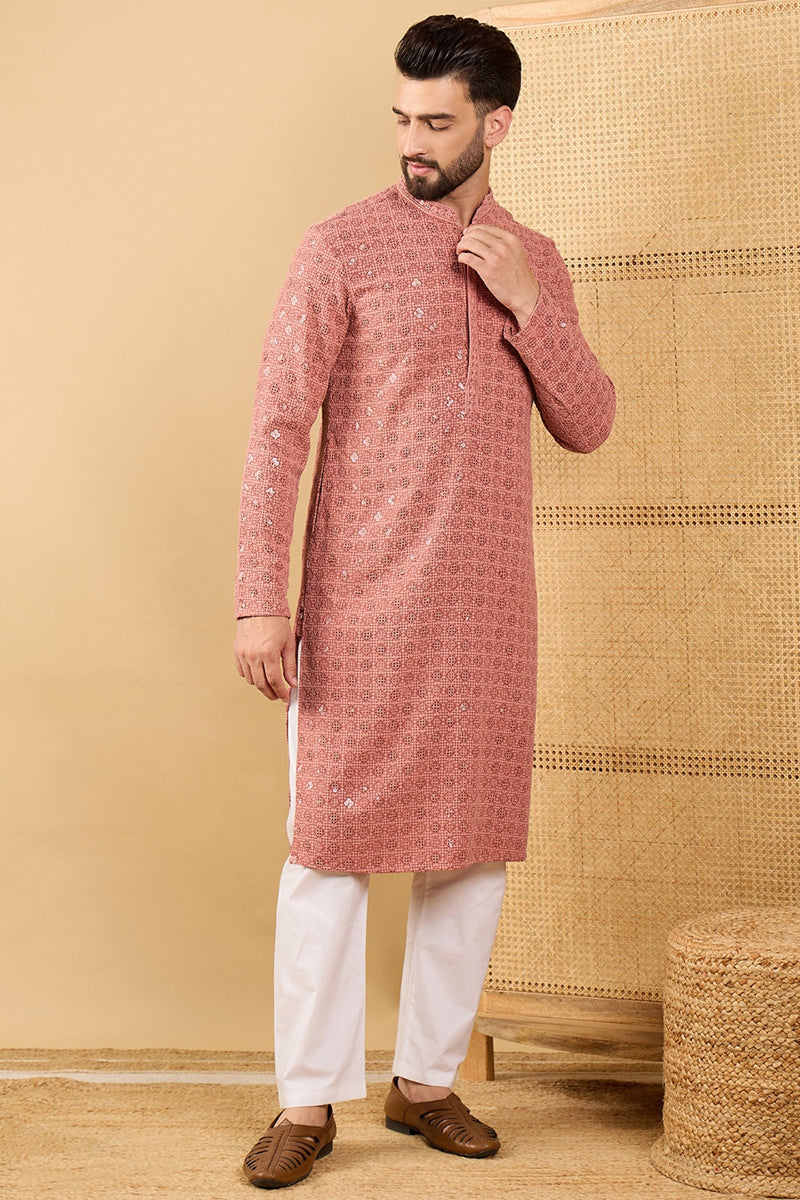 Rust Red Viscose Rayon Solid Embroidered Straight Chikankari Kurta | SHOBITAM
