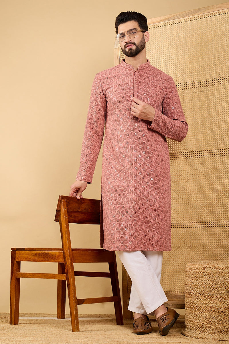 Rust Red Viscose Rayon Solid Embroidered Straight Chikankari Kurta | SHOBITAM