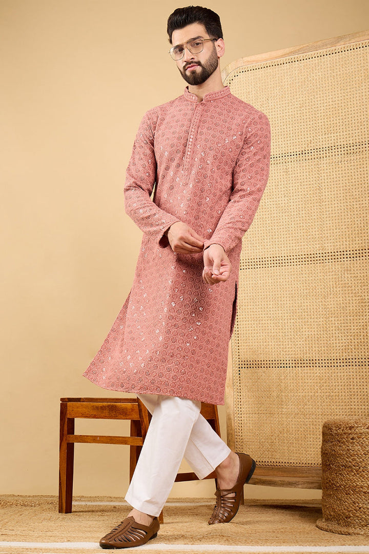 Rust Red Viscose Rayon Solid Embroidered Straight Chikankari Kurta | SHOBITAM